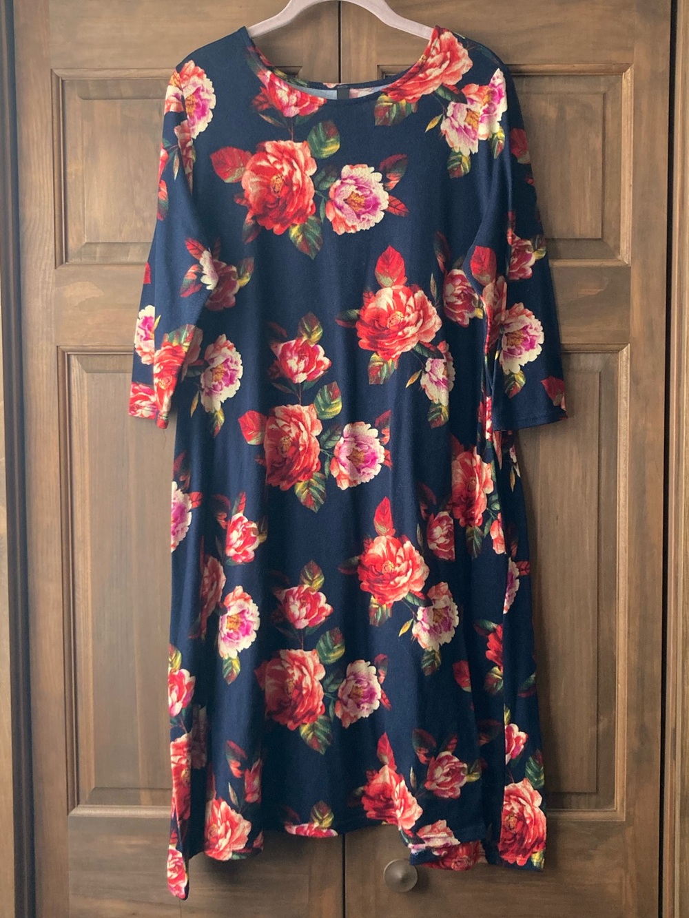 Soft & Stretchy Navy Blue & Floral Print 3/4 Sleeves Dress